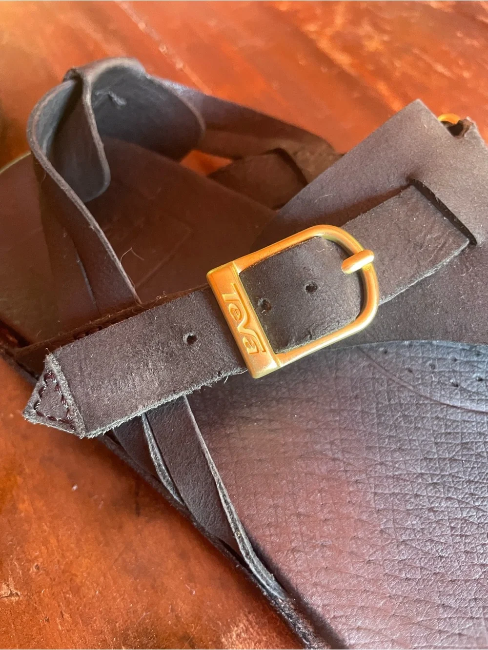 Teva Black Leather Thong Sandals with Gold Buckles